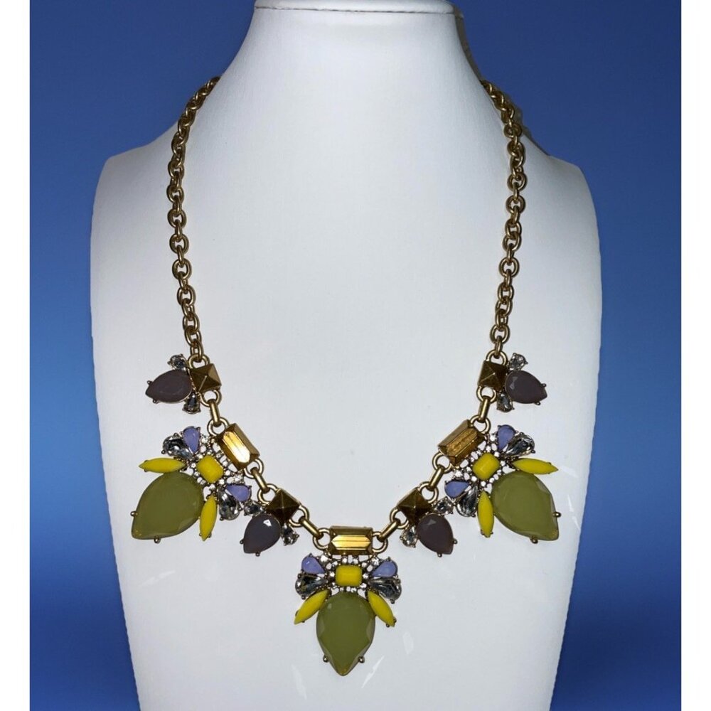 J Crew Gold-Tone Green Yellow Multi Color Rhinestone 19” Statement Necklace